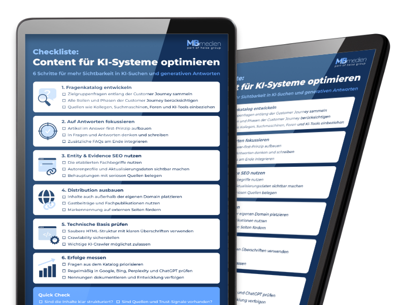 Illustration eines Tablets mit einer Checkliste für die Optimierung von Content für KI-Systeme