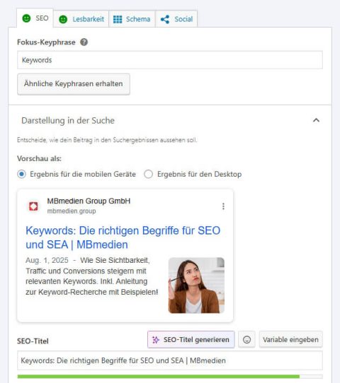 Fokus-Keyword und Metatexte Fokus-Keyword und Metatexte